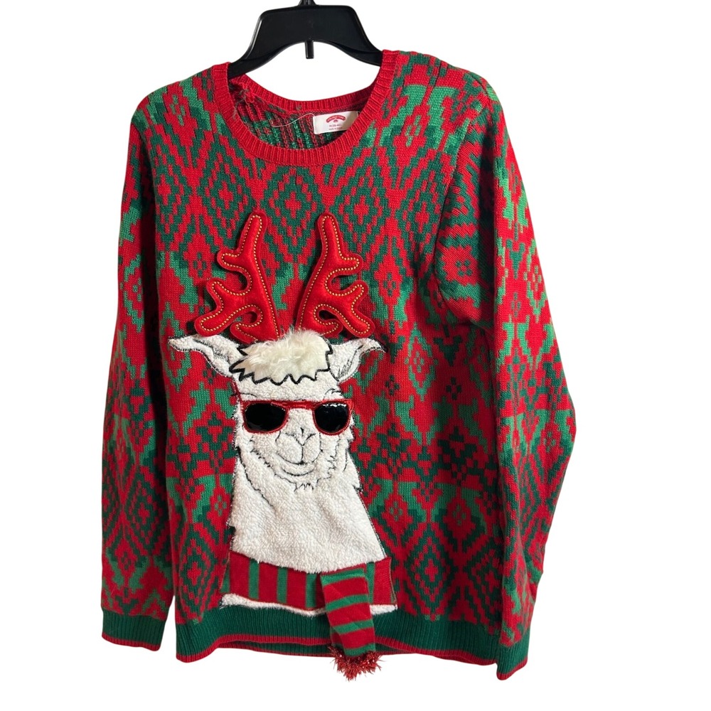 Holiday Time Sweater Size M Red Green Llama Reindeer Antlers Mens